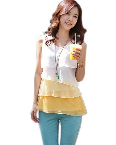 NEW 2016 Multi-Colors Blouse Shirts for Spring Summer Style Flounce Tiered Tops Round Neck Sleeveless Shirt *35