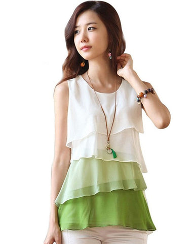 NEW 2016 Multi-Colors Blouse Shirts for Spring Summer Style Flounce Tiered Tops Round Neck Sleeveless Shirt *35