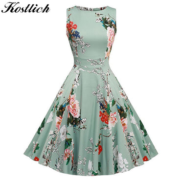 Kostlich Cotton Summer Dress Women 2017 Sleeveless Tunic 50s Vintage Dress Belt Elegant Print Rockabilly Party Dresses Sundress