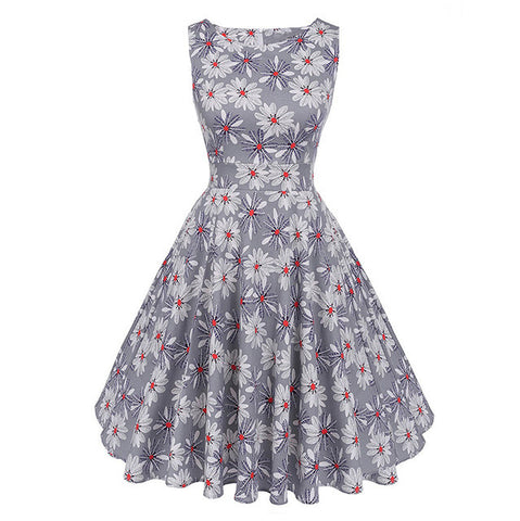 Kostlich Cotton Summer Dress Women 2017 Sleeveless Tunic 50s Vintage Dress Belt Elegant Print Rockabilly Party Dresses Sundress