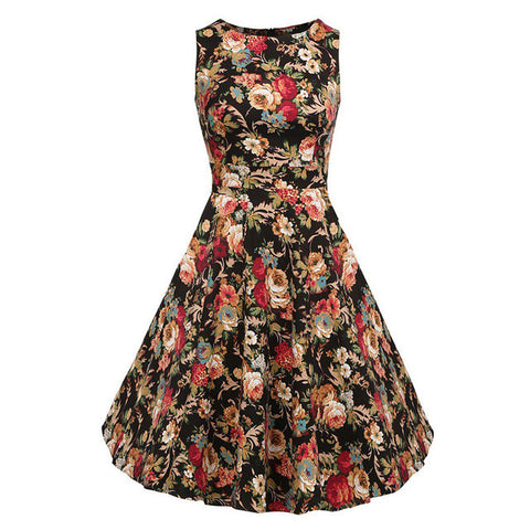 Kostlich Cotton Summer Dress Women 2017 Sleeveless Tunic 50s Vintage Dress Belt Elegant Print Rockabilly Party Dresses Sundress