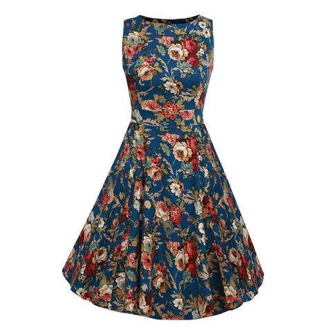 Kostlich Cotton Summer Dress Women 2017 Sleeveless Tunic 50s Vintage Dress Belt Elegant Print Rockabilly Party Dresses Sundress