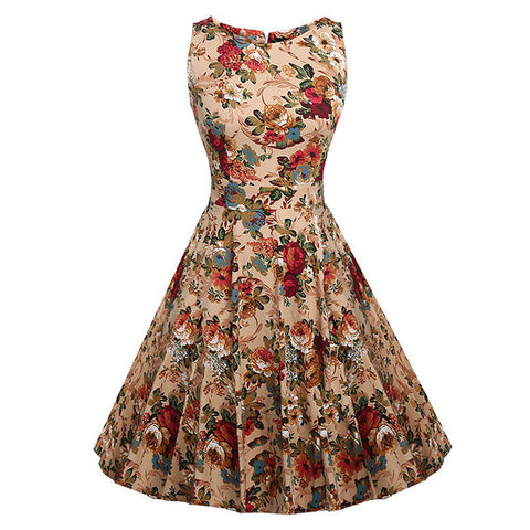 Kostlich Cotton Summer Dress Women 2017 Sleeveless Tunic 50s Vintage Dress Belt Elegant Print Rockabilly Party Dresses Sundress