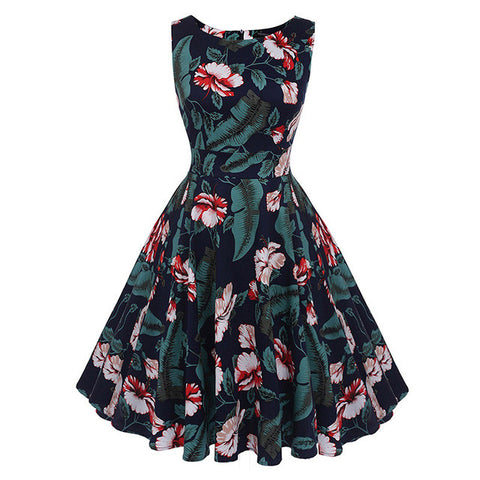 Kostlich Cotton Summer Dress Women 2017 Sleeveless Tunic 50s Vintage Dress Belt Elegant Print Rockabilly Party Dresses Sundress
