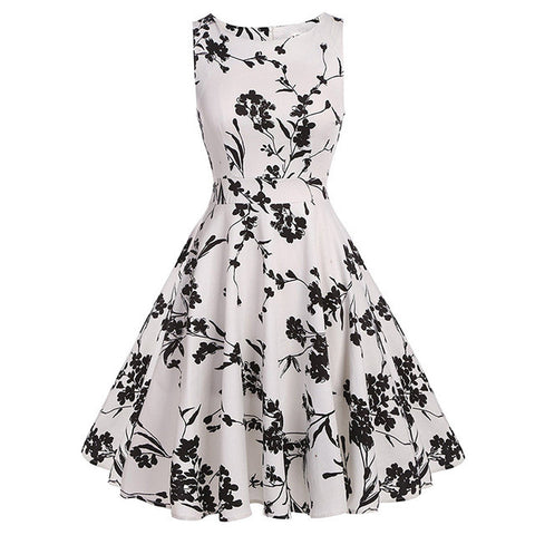 Kostlich Cotton Summer Dress Women 2017 Sleeveless Tunic 50s Vintage Dress Belt Elegant Print Rockabilly Party Dresses Sundress