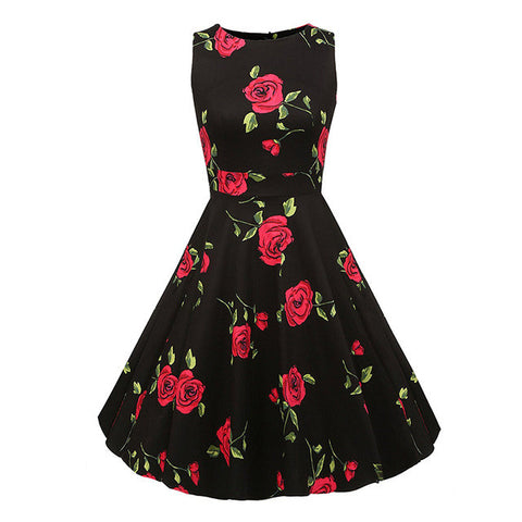 Kostlich Cotton Summer Dress Women 2017 Sleeveless Tunic 50s Vintage Dress Belt Elegant Print Rockabilly Party Dresses Sundress