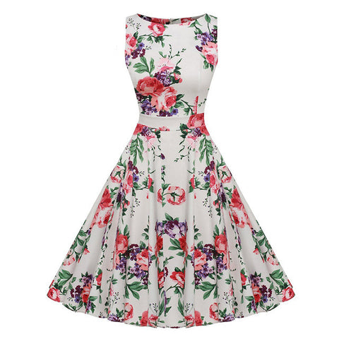 Kostlich Cotton Summer Dress Women 2017 Sleeveless Tunic 50s Vintage Dress Belt Elegant Print Rockabilly Party Dresses Sundress