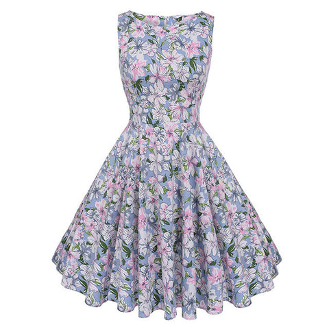 Kostlich Cotton Summer Dress Women 2017 Sleeveless Tunic 50s Vintage Dress Belt Elegant Print Rockabilly Party Dresses Sundress