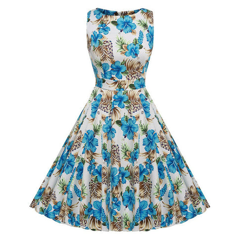 Kostlich Cotton Summer Dress Women 2017 Sleeveless Tunic 50s Vintage Dress Belt Elegant Print Rockabilly Party Dresses Sundress