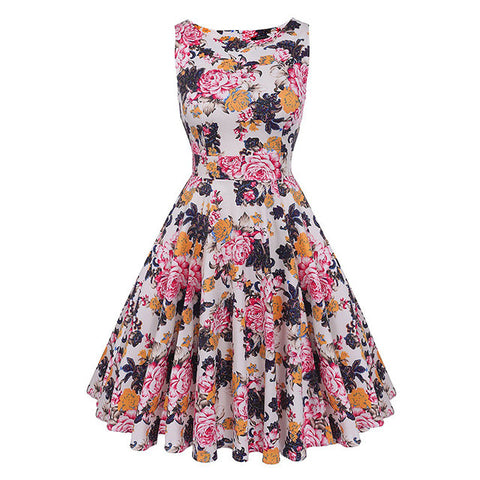 Kostlich Cotton Summer Dress Women 2017 Sleeveless Tunic 50s Vintage Dress Belt Elegant Print Rockabilly Party Dresses Sundress