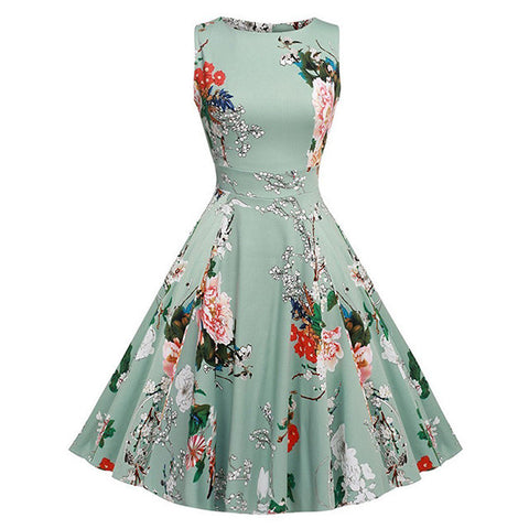 Kostlich Cotton Summer Dress Women 2017 Sleeveless Tunic 50s Vintage Dress Belt Elegant Print Rockabilly Party Dresses Sundress