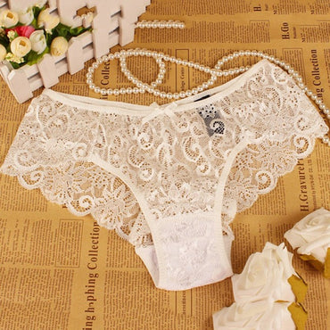 Women's Sexy Full Lace Panties  High-Crotch Transparent Floral Bow Soft Briefs Underwear Culotte