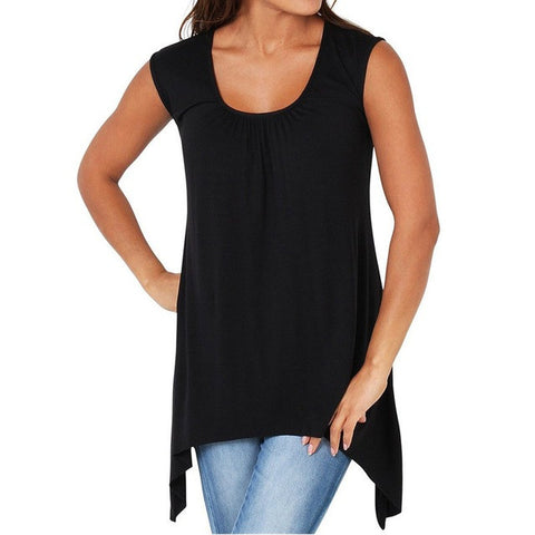 Women T-shirt Summer Sleeveless Asymmetrical Solid Loose Tee Shirts O-Neck Casual  Blusas 4 Colors S-4XL