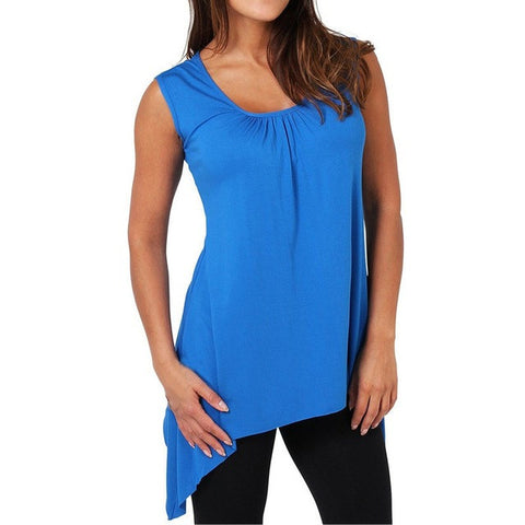 Women T-shirt Summer Sleeveless Asymmetrical Solid Loose Tee Shirts O-Neck Casual  Blusas 4 Colors S-4XL