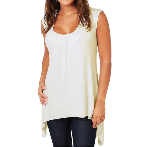 Women T-shirt Summer Sleeveless Asymmetrical Solid Loose Tee Shirts O-Neck Casual  Blusas 4 Colors S-4XL