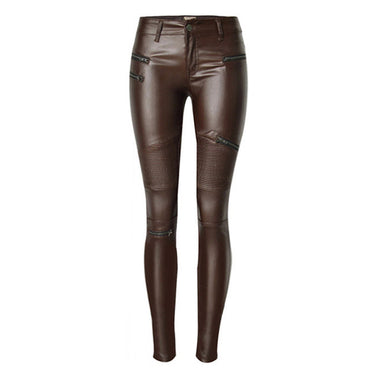 LIENZY American Apparel Sexy Women PU Leather Pants Coffee Color Multi-Zipper Motorcycle PU Women Pencil Trousers 2XL