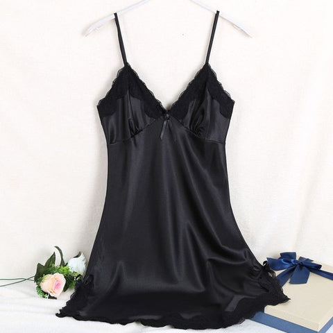 Sexy Silk Satin Night Dress Ladies Sleeveless V-neck Nightgown Lace Women Sleepwear