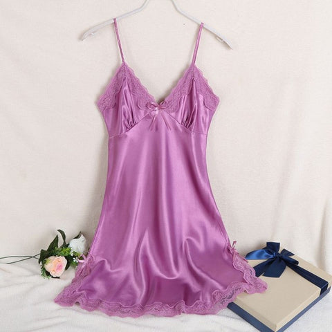 Sexy Silk Satin Night Dress Ladies Sleeveless V-neck Nightgown Lace Women Sleepwear