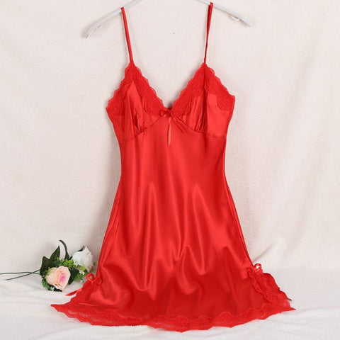 Sexy Silk Satin Night Dress Ladies Sleeveless V-neck Nightgown Lace Women Sleepwear