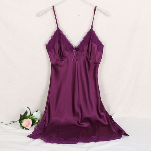 Sexy Silk Satin Night Dress Ladies Sleeveless V-neck Nightgown Lace Women Sleepwear