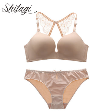 Shitagi Wirefree One-piece Seamless Bra Panty Set White Bra Set Lingeire Set Beige Racerback Sexy Push up Bra Underwear women