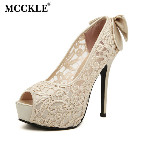 MCCKLE Women's Sexy Peep Toe Lace Party Shoes Fashion Hollow Platform Bowtie Pumps 2017 New Female Elegant High Heels Sandals