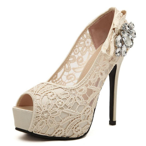 MCCKLE Women's Sexy Peep Toe Lace Party Shoes Fashion Hollow Platform Bowtie Pumps 2017 New Female Elegant High Heels Sandals