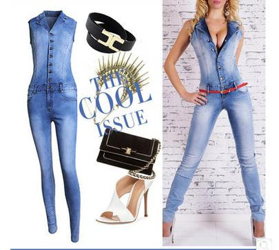 women catsuit Jumpsuits jeans Pants long pants Ladies sexy jeans long sexy sleeveless deep V collar blue slim style.JN52