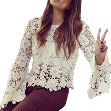 Women Lace Flare Sleeve Blouse Summer Spring O-neck Laces Long Sleeve Blouse Shirts Hollow Out Solid Color Tops