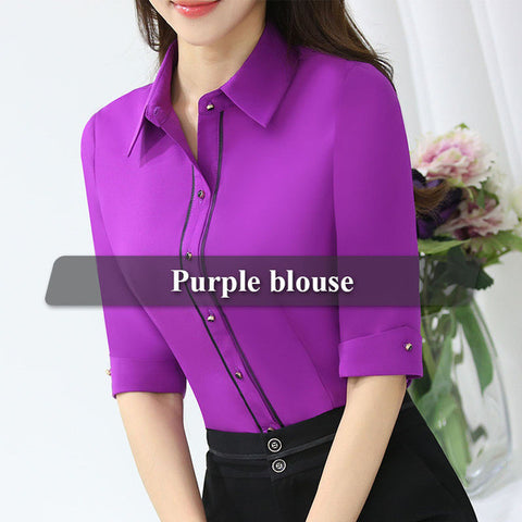 Turn-down collar Spring wear Half sleeve women purple blouse female casual style elegant fashion slim tops