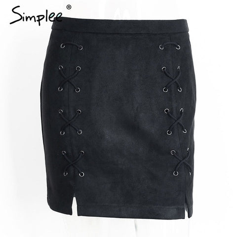 Simplee Autumn lace up leather suede pencil skirt Winter 2017 cross high waist skirt Zipper split bodycon short skirts womens