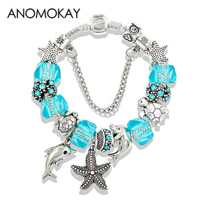 Antique Silver Color Starfish Dolphin Bead Pan Bracelet Ocean Charm Pandora Bracelets & Bangles Fashion Jewelry Gift Pulseras