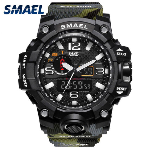 SMAEL Brand Men Watch Dual Time Camouflage Military Watch Digital Watch LED Wristwatch 50M Waterproof 1545BMen Clock Sport Watch