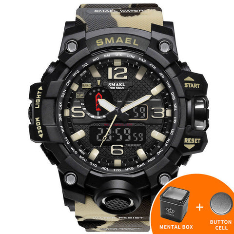 SMAEL Brand Men Watch Dual Time Camouflage Military Watch Digital Watch LED Wristwatch 50M Waterproof 1545BMen Clock Sport Watch