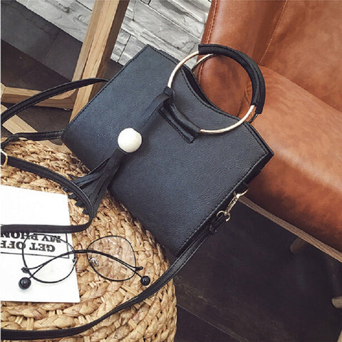 Fashion Women Handbags New Shoulder Bag Bucket PU Leather Bag Large Round Ring Chain Tassel Handbag Black Pink Gray