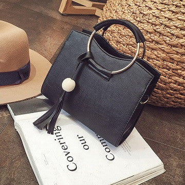 Fashion Women Handbags New Shoulder Bag Bucket PU Leather Bag Large Round Ring Chain Tassel Handbag Black Pink Gray