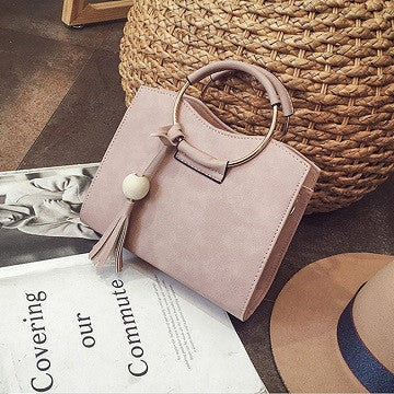 Fashion Women Handbags New Shoulder Bag Bucket PU Leather Bag Large Round Ring Chain Tassel Handbag Black Pink Gray