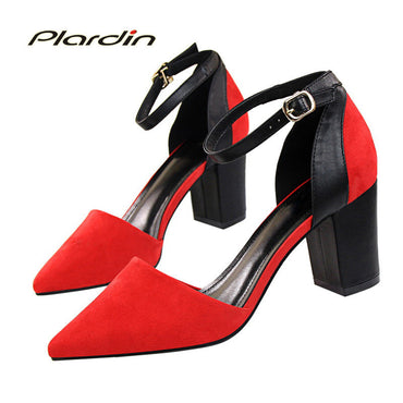 plardin 2017 Summer Shoes Woman Pointed Toe Fashion Party Cut Out Two Piece Ankle Strap Buckle Strap square heel women Pumps