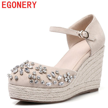 EGONERY summer fashion pumps 9 cm high heels round toe platform wedges crystal stone kid suede woman leather pumps party shoes