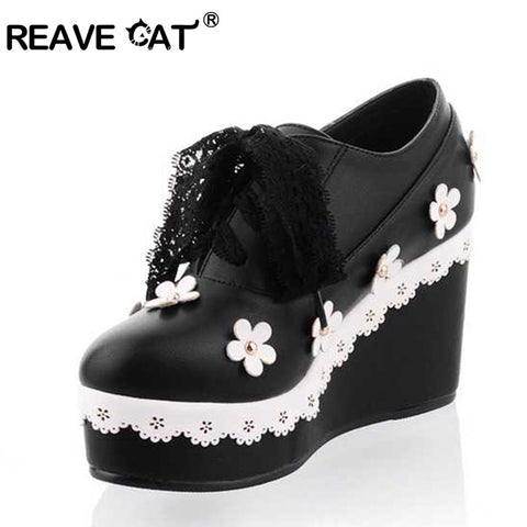 REAVE CAT Plus size 32-48 Spring summer Autumn Women shoes Wedges Platform High heel Flower Lace White Black Sweet Cute QL4303