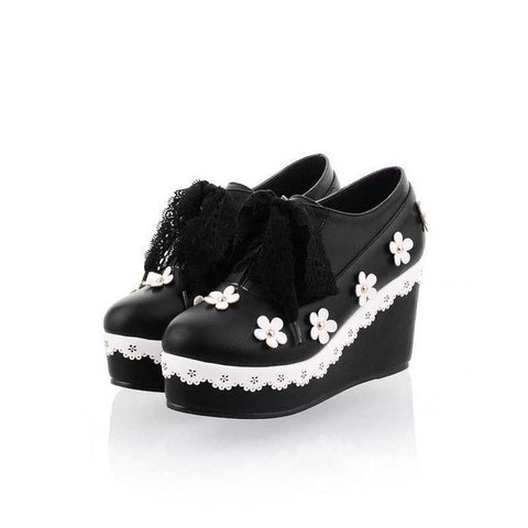 REAVE CAT Plus size 32-48 Spring summer Autumn Women shoes Wedges Platform High heel Flower Lace White Black Sweet Cute QL4303