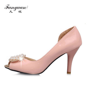 Fanyuan 2017 Spring Summer Women Thin Heels Sweet String Bead Two Pieces Candy Color  Shoes Open Peep Toe Slip-on Elegant Pumps