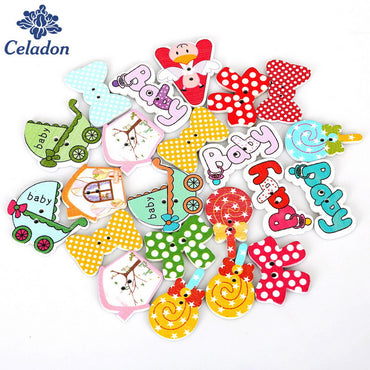 70Pcs Mixed Option Cartoon Style 2 Holes Sewing Wooden Buttons Scrapbooking Craft DIY For Baby Kid Clothes Decoration
