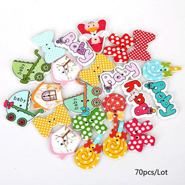 70Pcs Mixed Option Cartoon Style 2 Holes Sewing Wooden Buttons Scrapbooking Craft DIY For Baby Kid Clothes Decoration