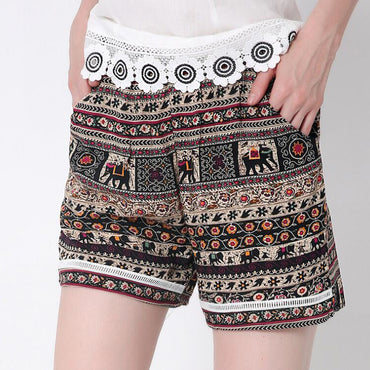2017 Summer Fashion Beach Vintage Elastic Waist Loose Short Mid waist Shorts Women Causal Print Sexy Mini Shorts Plus Size