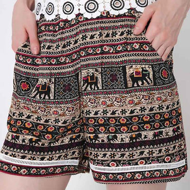 2017 Summer Fashion Beach Vintage Elastic Waist Loose Short Mid waist Shorts Women Causal Print Sexy Mini Shorts Plus Size