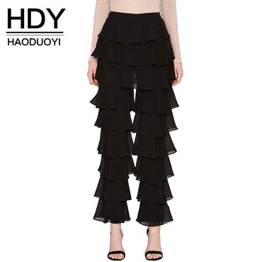HDY Haoduoyi 2016 New Women Fashion Casual Loose Solid Black Ruffle Straigh Vintage Elegant  Mid-rise Long Flare  Pants