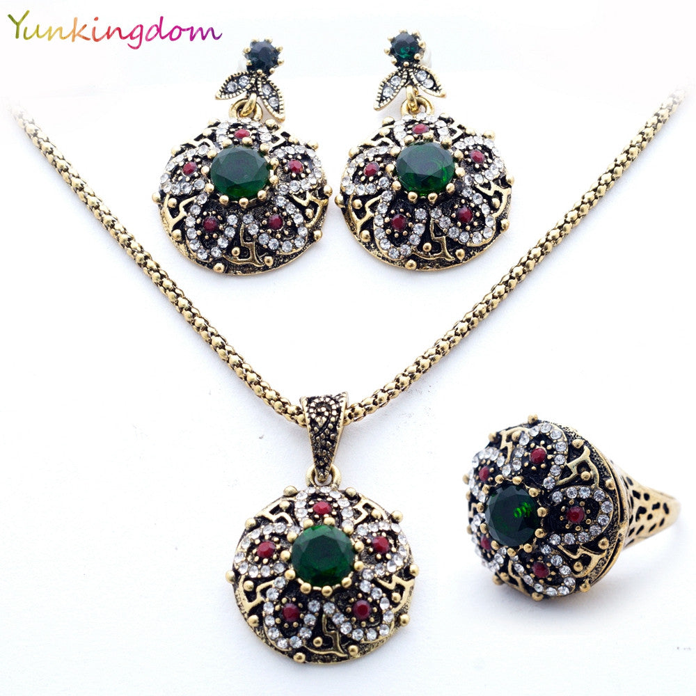 New Brand Unique Jewelry Sets India Women's Necklace Vintage Flowers Earrings Resin Stones Rings  wholesale / retail  YUN0509