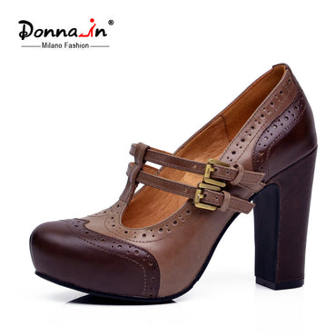 Donna-in 2016 new spring pumps classic platform high heel women shoes cow leather ladies shoes