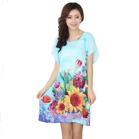 New Arrival Blue Chinese Women Cotton Nightdress Summer Short Sleeve Sleepwear Floral Home Dress Robe Gown One Size S0125